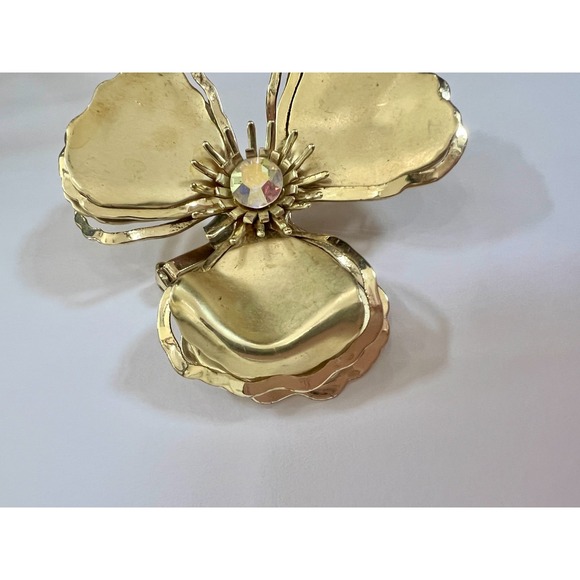Vintage Gold Tone Sculptural Flower Brooch AB Rhinestone Mid Century Statement - Picture 9 of 12